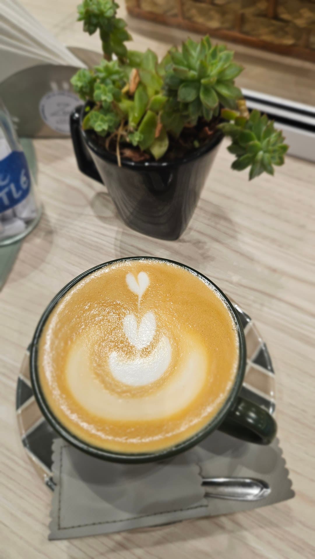 Xícara de cappuccino com desenho de coração e tulipa feito na espuma do leite, sobre pires listrado em mesa de madeira clara, com uma suculenta em vaso escuro ao fundo.